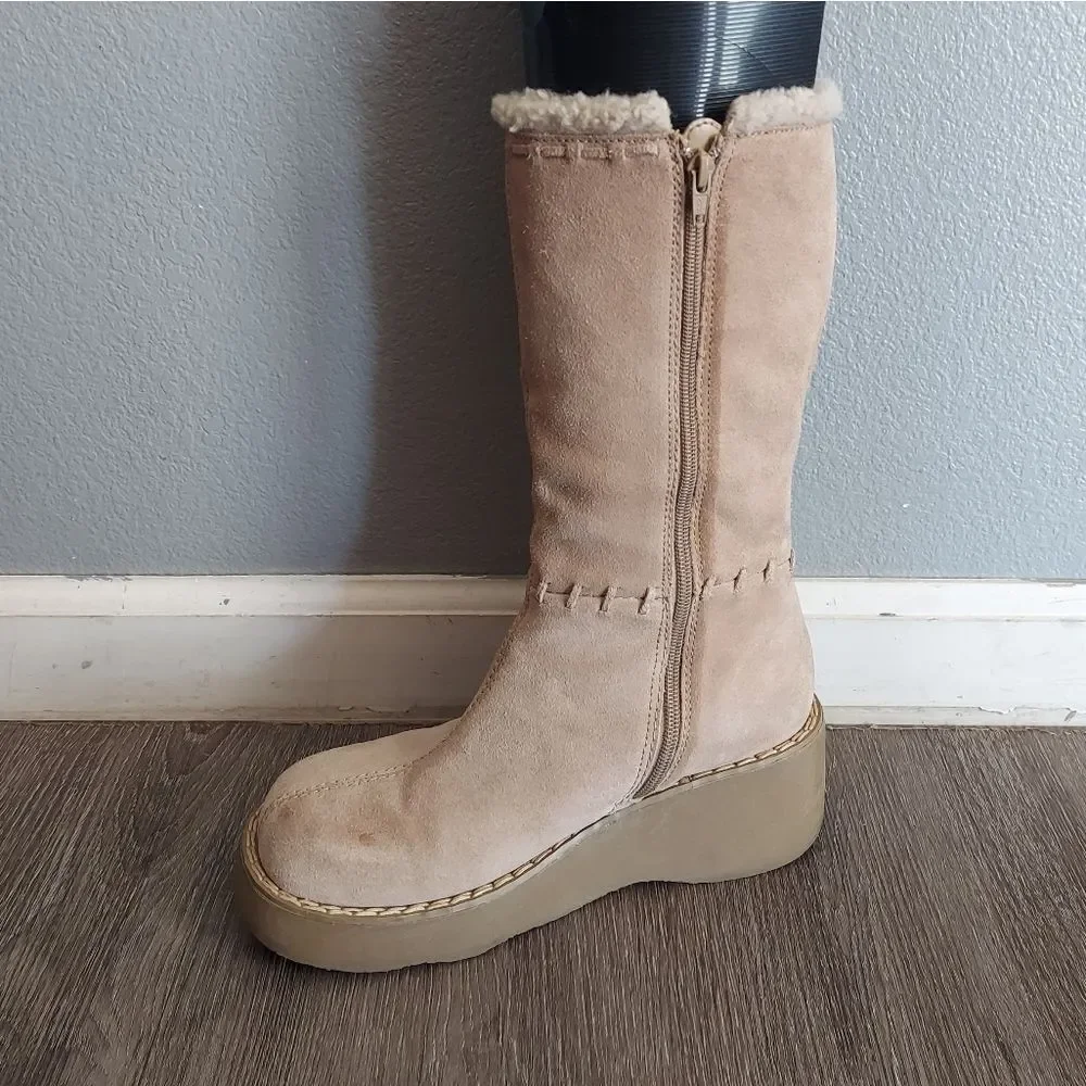 Vintage 90s Xhilaration Suede Platform Faux Fur Trim Chunky Boots Size 8.5